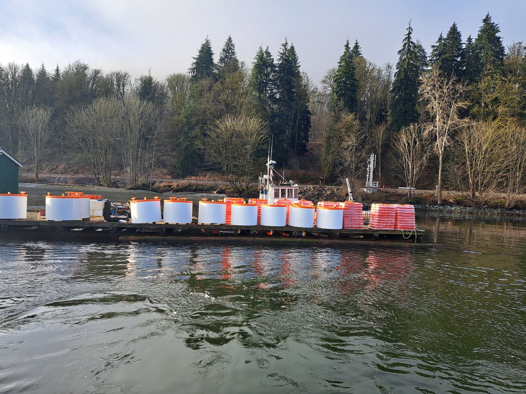 Refurbished boom floats and marker buoys staged at Seaforth dock